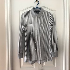 DKNY Women’s Blk/White Cuffed Long Sleeve Multi Striped Hi Lo Shirt Size…
